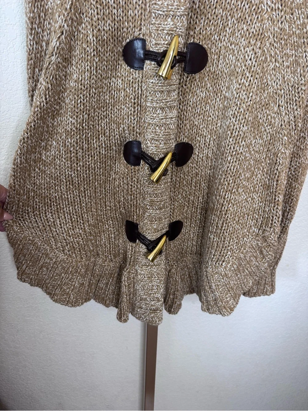 Michael Kors Beige Toggle Knit Cardigan with Dark Leather & Gold Accents